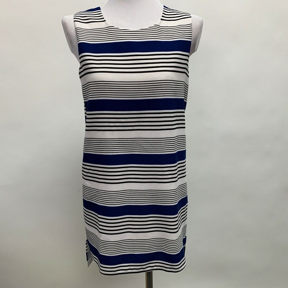 Sans Souci Women's Top Small Striped Multicolor Blue White Black Sleeveless
